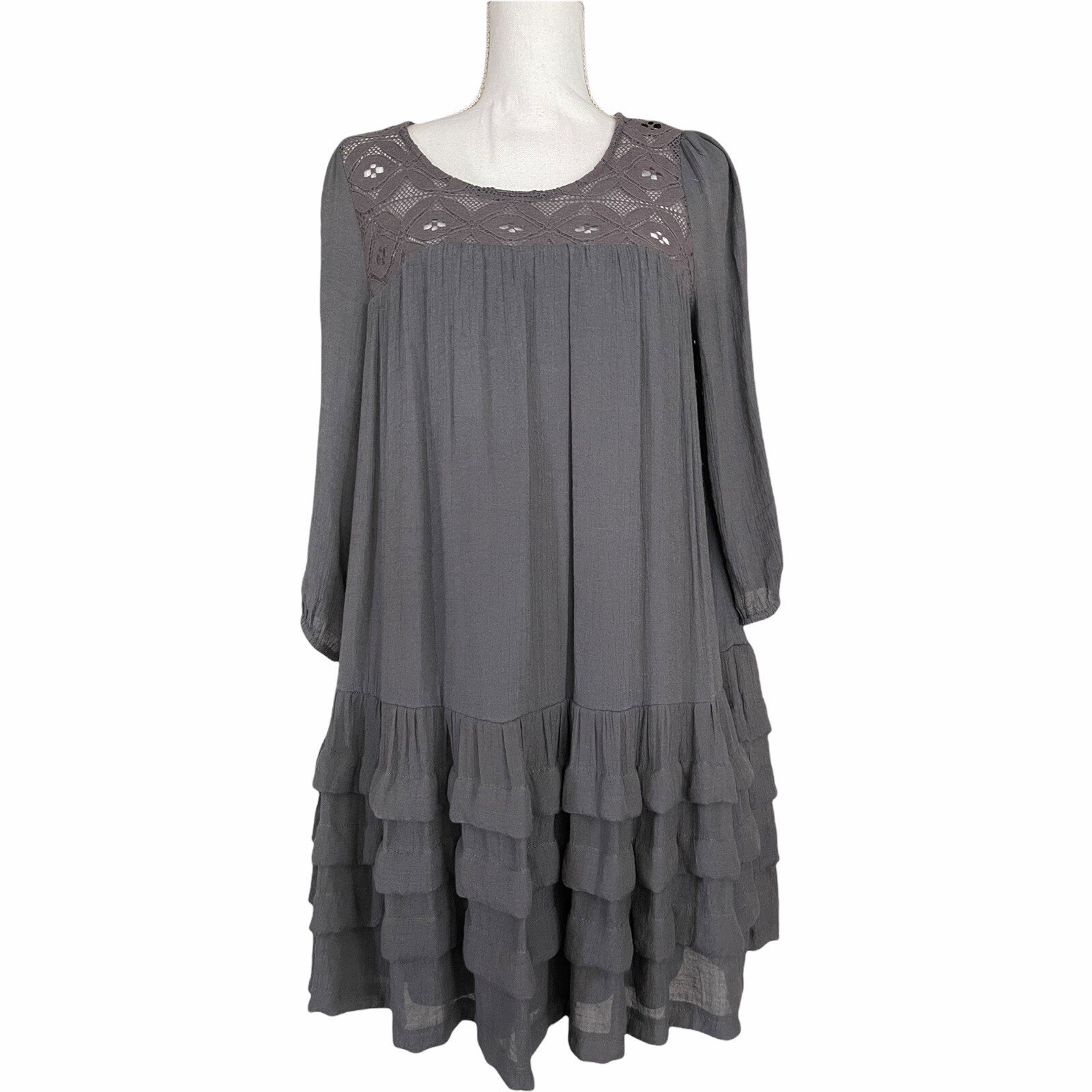 Nwt Entro Womens Small Oversize Gray Crochet Ruffle Dress Lagenlook #6877